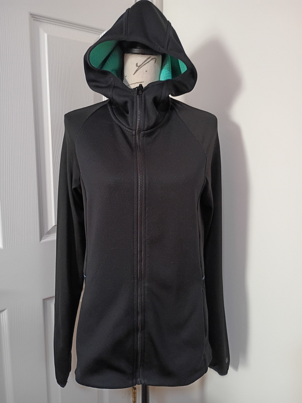 Champion Black Green Full-Zip Hooded Jacket with Teal Inner Lining Size L
